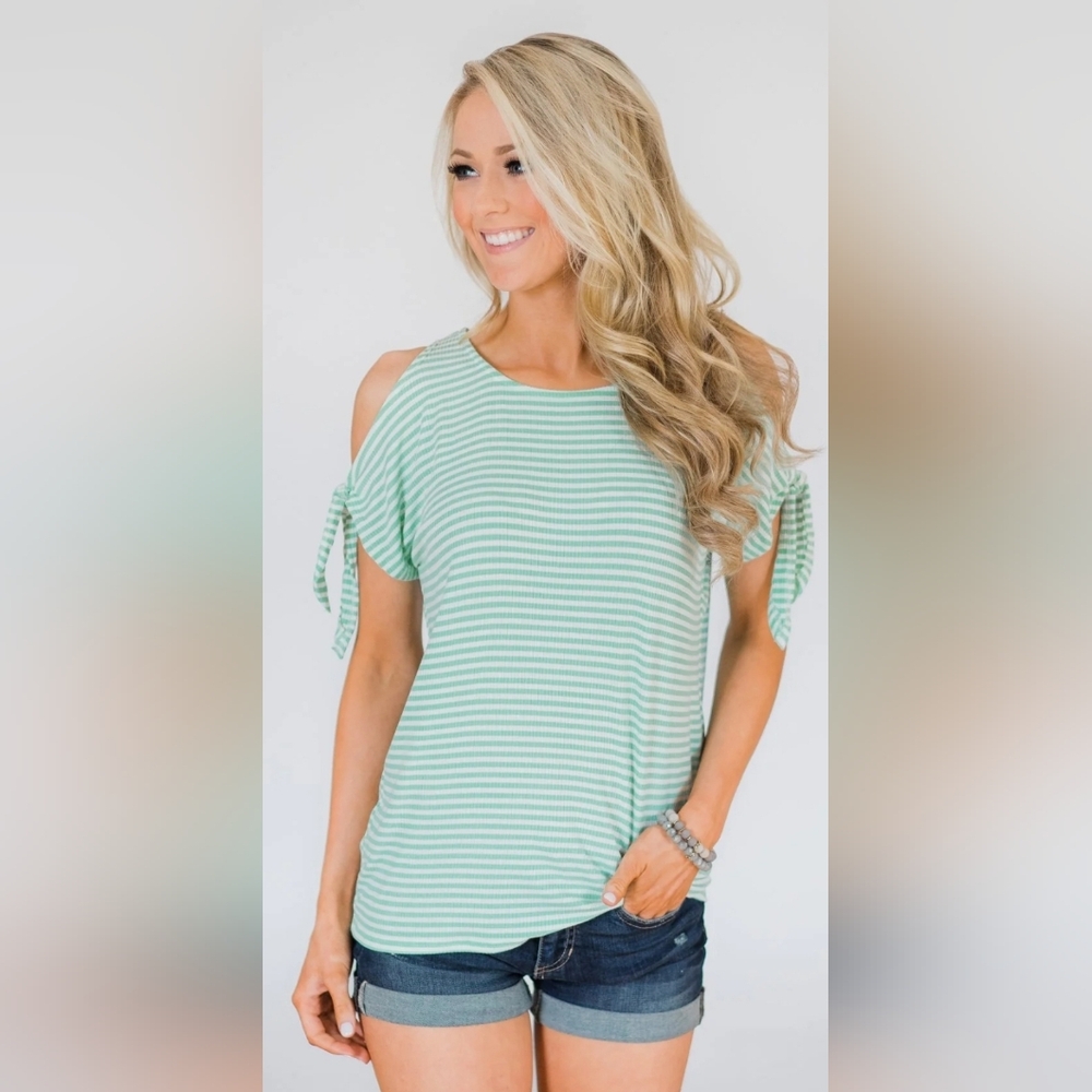 Mint striped cold shoulder top
